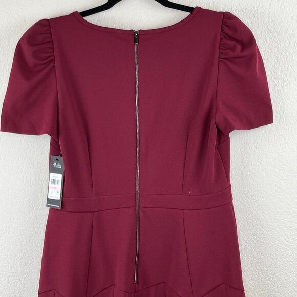 Karl Lagerfeld Crepe Square Neck Short Sleeve Pleated Mini Dress Maroon 10 NWT - Picture 8 of 13